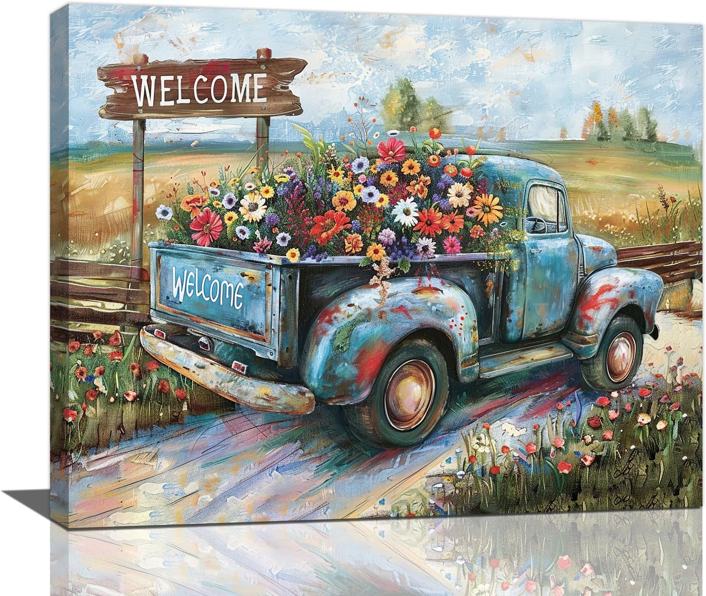 Farmhouse Truck Wall Art Rustic Country Wildflowers Wall Decor Road Flowers Landscape Pictures Canvas Print Painting Artwork for Bathroom Living Room Bedroom 16"x20"