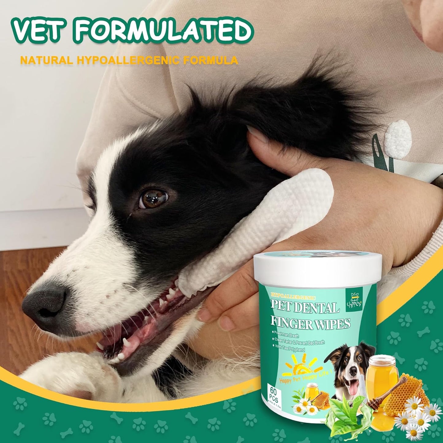 60 Count Dog Dental Wipes - Teeth Cleaning Finger Wipes for Dogs & Cats, Hypoallergenic Dog Toothbrush Finger Dental Wipes to Remove Plaque & Tartar, Freshen Bad Breath, Gentle Cleaning(4.7″*1.7″)