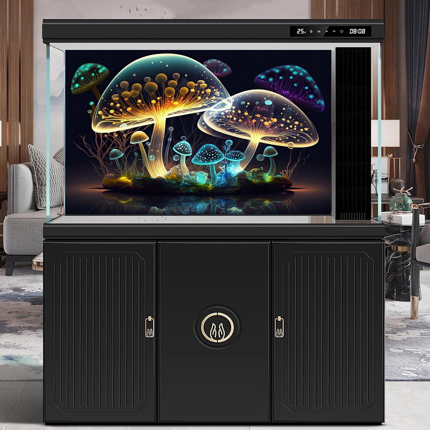 Mushroom Aquarium Background Abstract Glowing Fantasy Mushrooms Terrarium Background Mysterious Forest Magical Night In Circle Shape Crystal Glass Fish Tank Backdrop Decorations Vinyl 36x18in