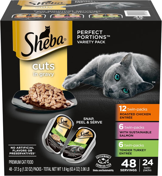 Sheba Perfect Portions Wet Cat Food Cuts in Gravy Variety Pack, Roasted Chicken Entree, with Sustainable Salmon, and Tender Turkey Entree, 2.6 oz. Twin-Pack Trays (24 Count, 48 Servings)