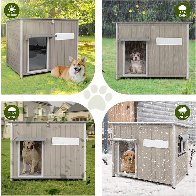 Large Dog House Outdoor XL Wooden Dog House with Weatherproof Asphalt Roof, Chew-Resistant Frame, Removable Floor, for Medium to Large Dogs Indoor Outdoor Use (Grey, 43.3"L x 29.5"W x 33.5"H)