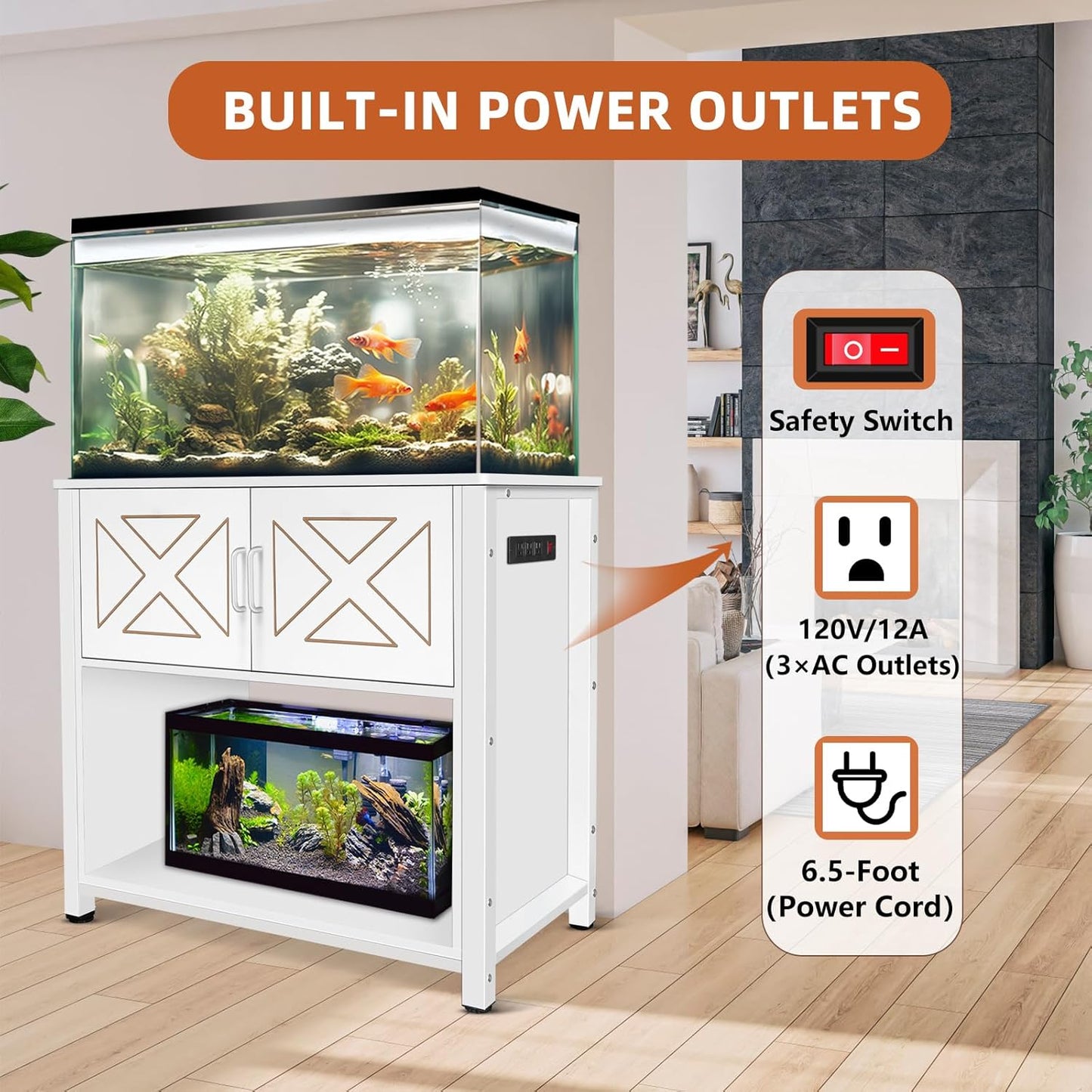 40 Gallon Tank Stand with Cabinet and Power Outlets, Heavy Duty Metal Aquarium Stand for 40-50 Gallon Breeder Tank, Turtle Tank, Double Terrarium Stand, 660LBS Capacity, White