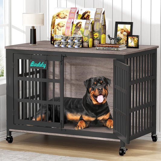 EasyCom 48"/42"/33" XXL Dog Crate Furniture with Casters, Heavy Duty Dog Kennel Indoor for Large Dogs, Escape-Proof and Chew-Proof Dog Cage for high Anxiety Dog, Decorate House as TV Stand, End Table
