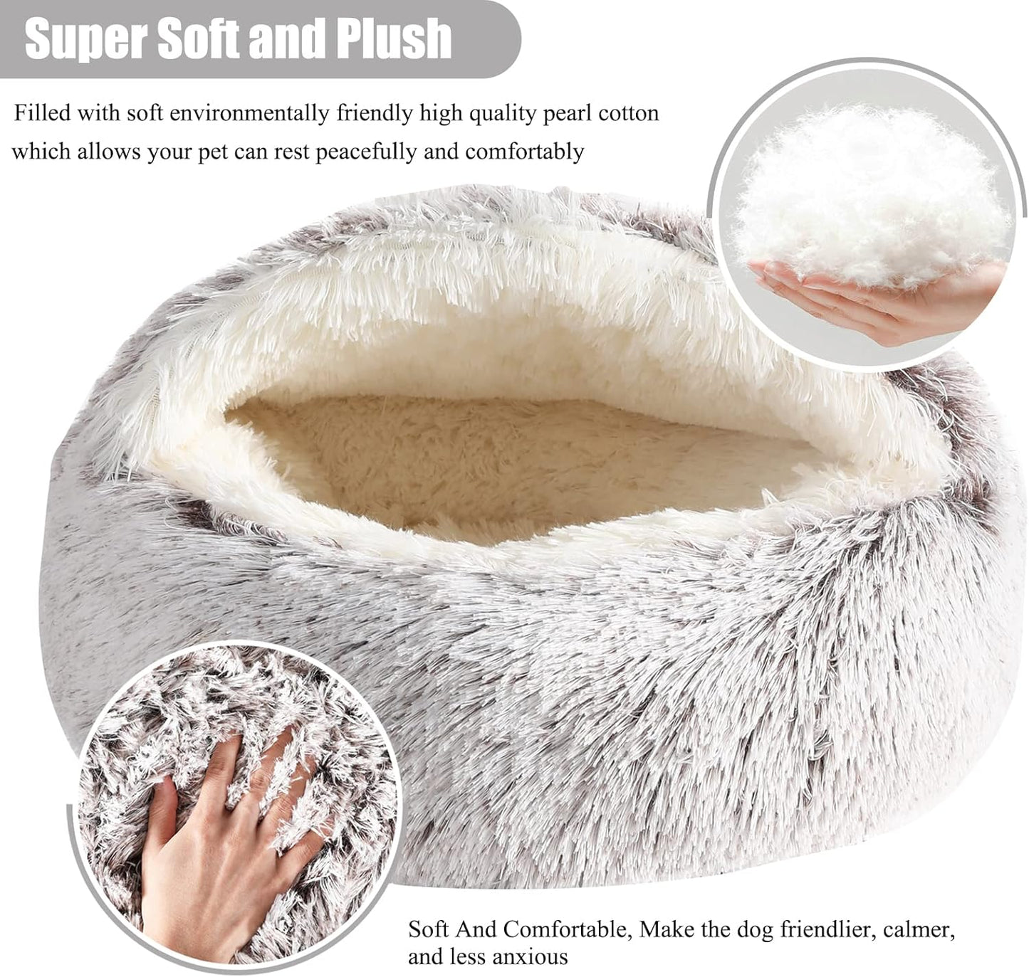 Calming Dog Beds & Cat Cave Bed with Hooded Cover,Removable Washable Round Beds for Small Medium Pets,Anti-Slip Faux Fur Fluffy Coved Bed for Improved Sleep,Fits up to 15/25 lbs (Small,20"x20")