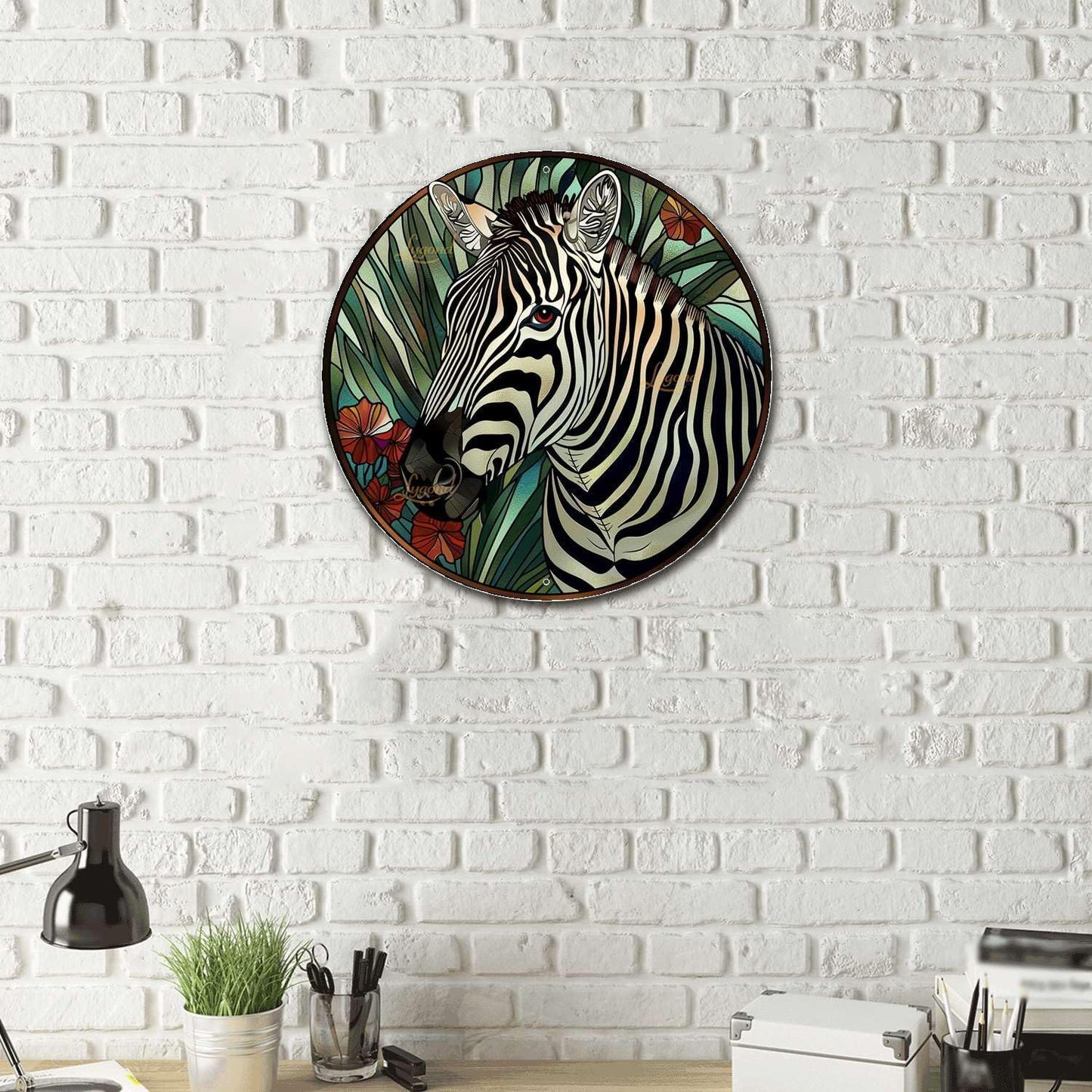 Lygond Metal Sign Tin Sign Circular Stained Glass Zebra Funny Bathroom Wall Decor for Gift 8×8 Inches