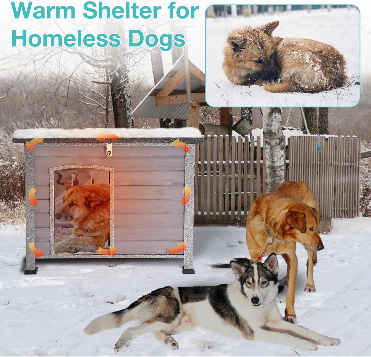 Feral Dog House Outdoor,Anti Bite Iron Frame Dog Kennel,Wood Warm Pets Home,Insulated Weatherproof Outside Shelter for Feral Animal (33.5"(L)×22"(W)×25.2"(H)-Grey-in)