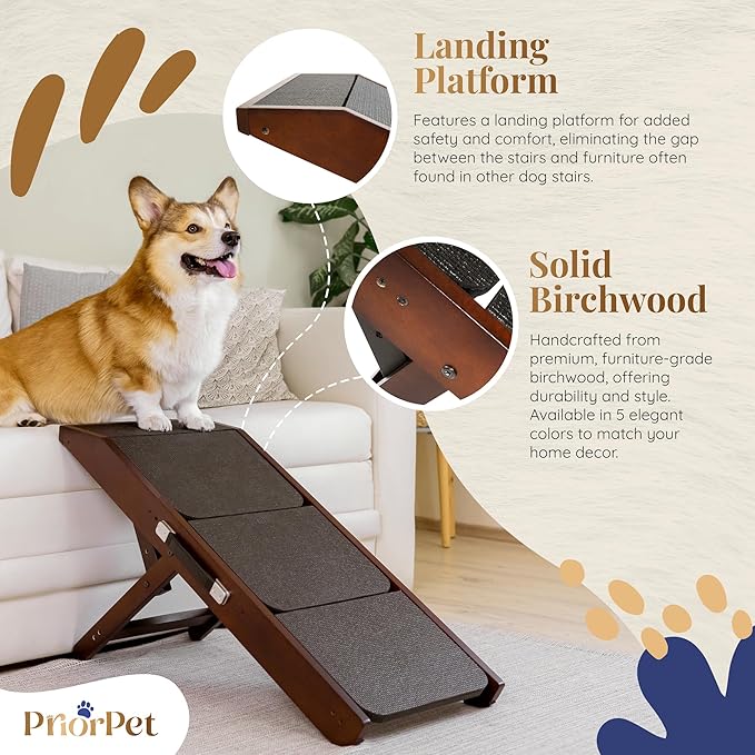 Dog Steps for Bed & Couch 2-in-1 Dog Stairs/Ramp - Height Adjustable Dog Ramp for Couch 7” - 20” - Pet Stairs, Dog Stairs for Small Dogs - Easy to Move Pet Steps with Landing Platform, Walnut