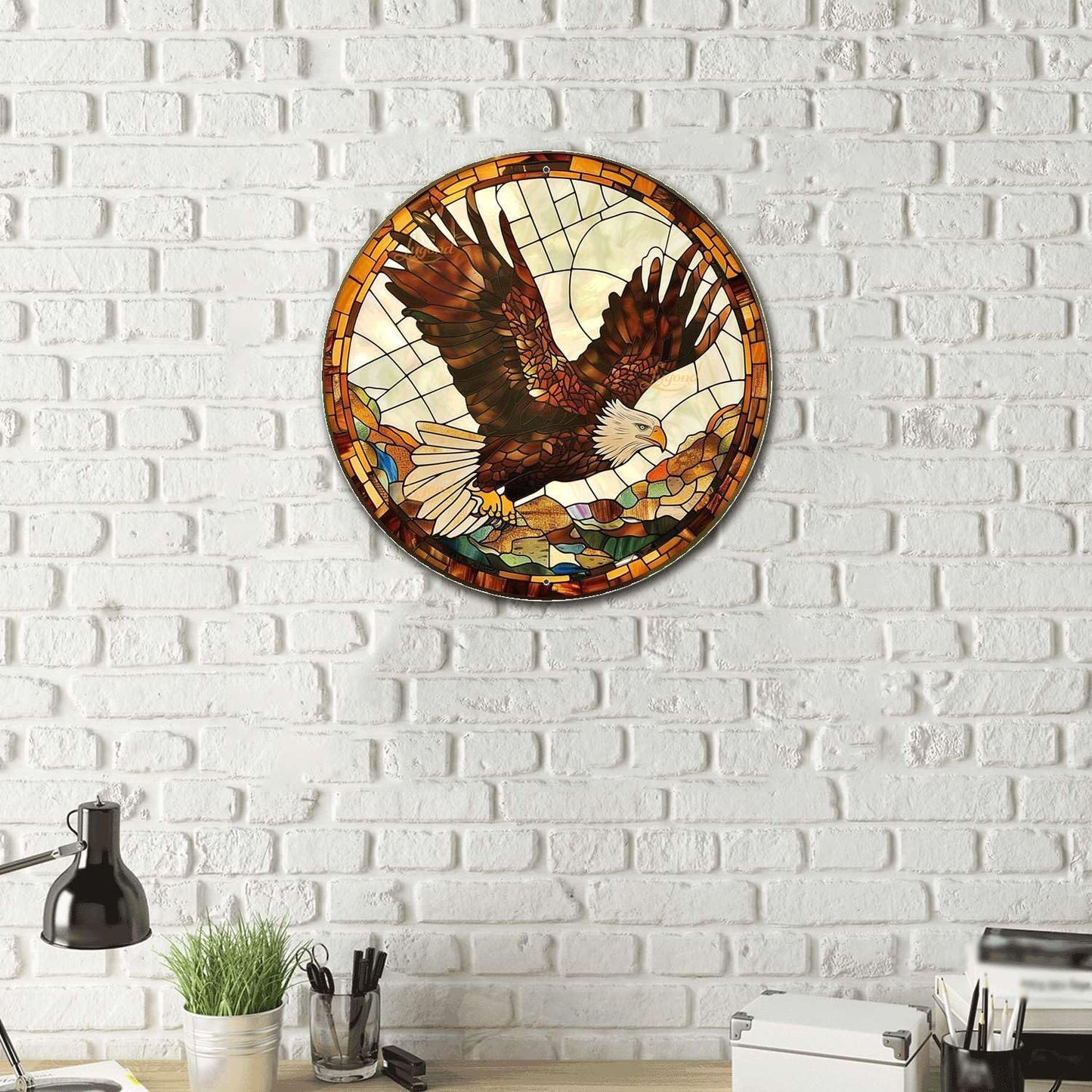 Lygond Metal Sign Tin Sign Circular Stained Glass Eagle Minimalist Wall Art For Gift 12×12 Inches