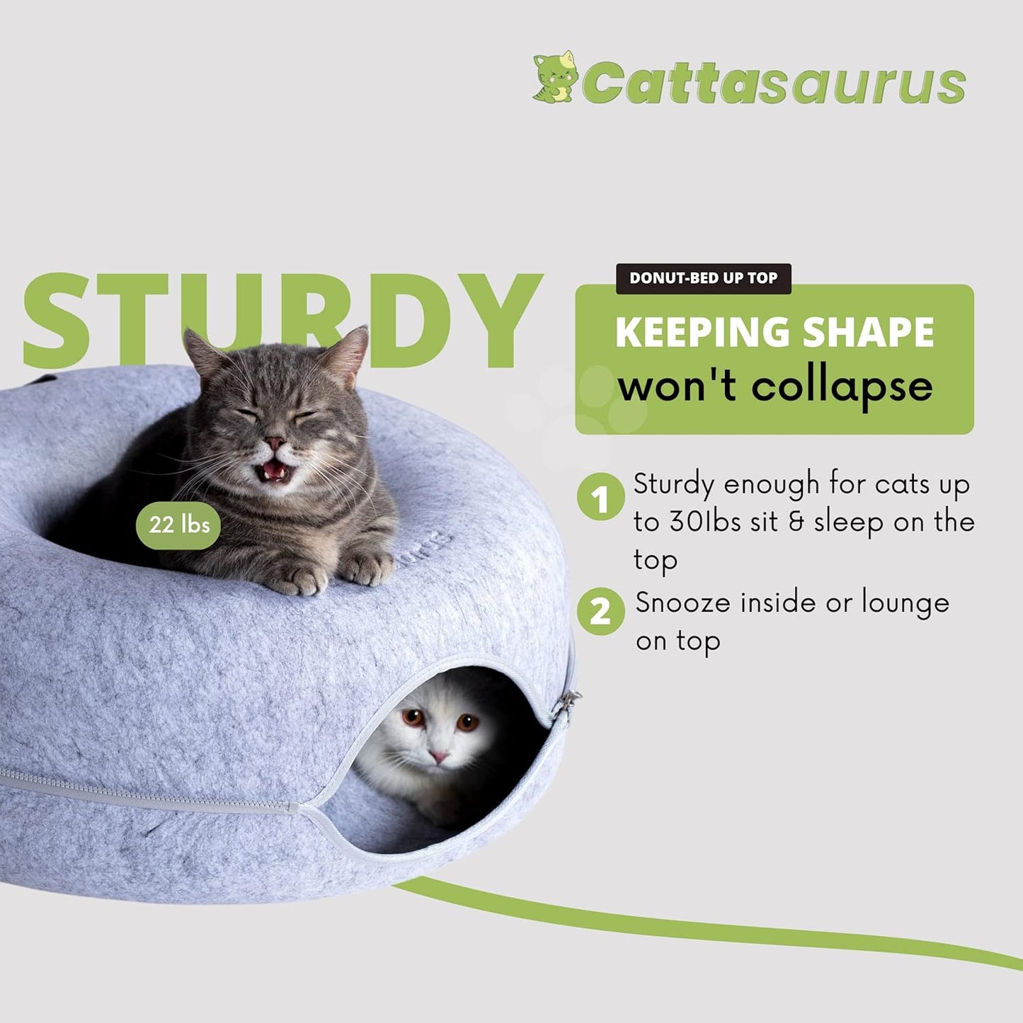 CATTASAURUS Peekaboo Cat Cave for Multiple & Large Cats Up to 30-45 Lbs, Scratch Detachable & Washable Tunnel Bed, Comfy Donut Cat Cave (Light Gray, Large)