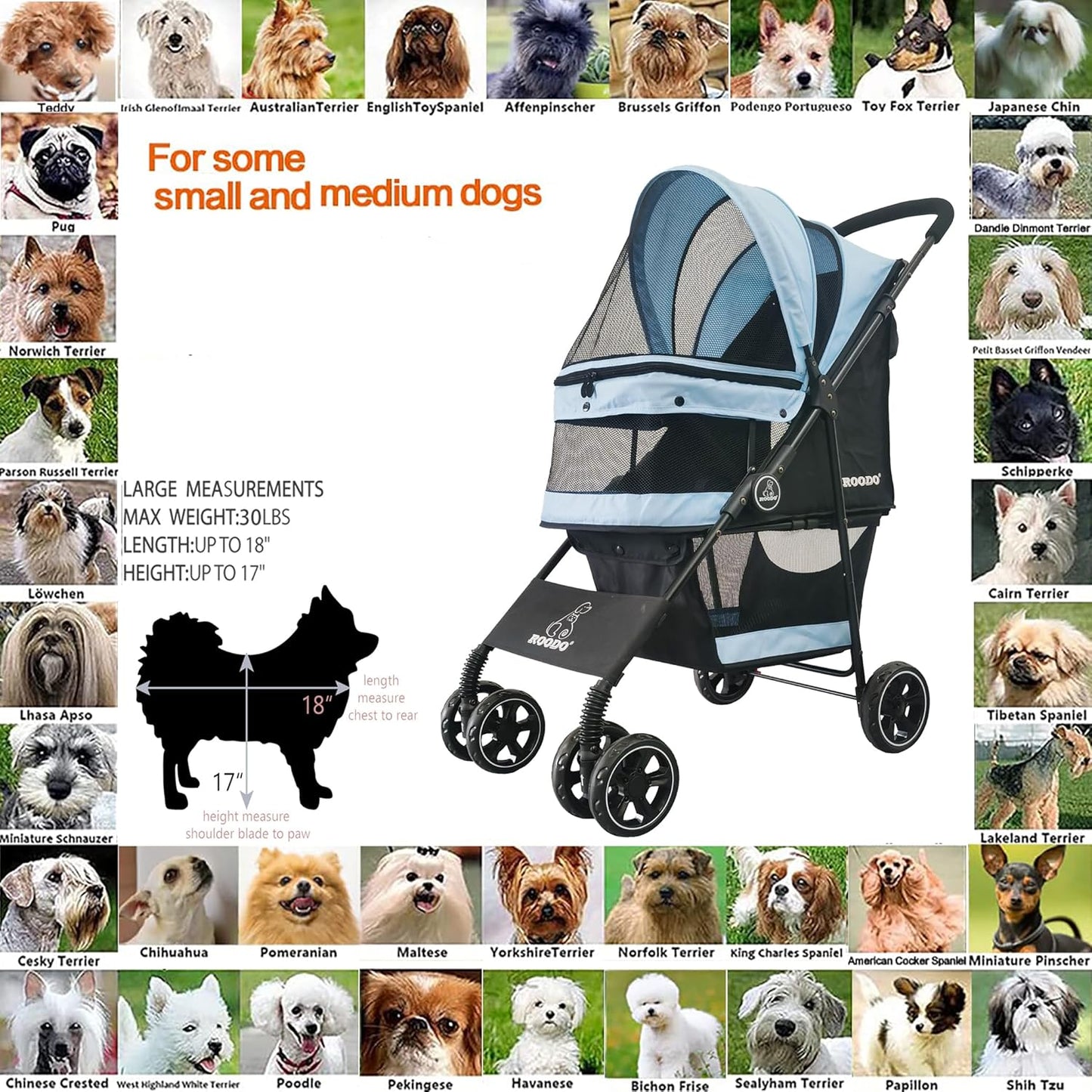 ROODO 4 Wheel Dog Cat Pet Stroller Best Lightweight Foldable Compact Portable Jogger All Terrain Travel Pet Gear Puppy Doggie Bunny Kitty Stroller for up to 30lbs Medium Small Dogs Cats(Sky Blue)