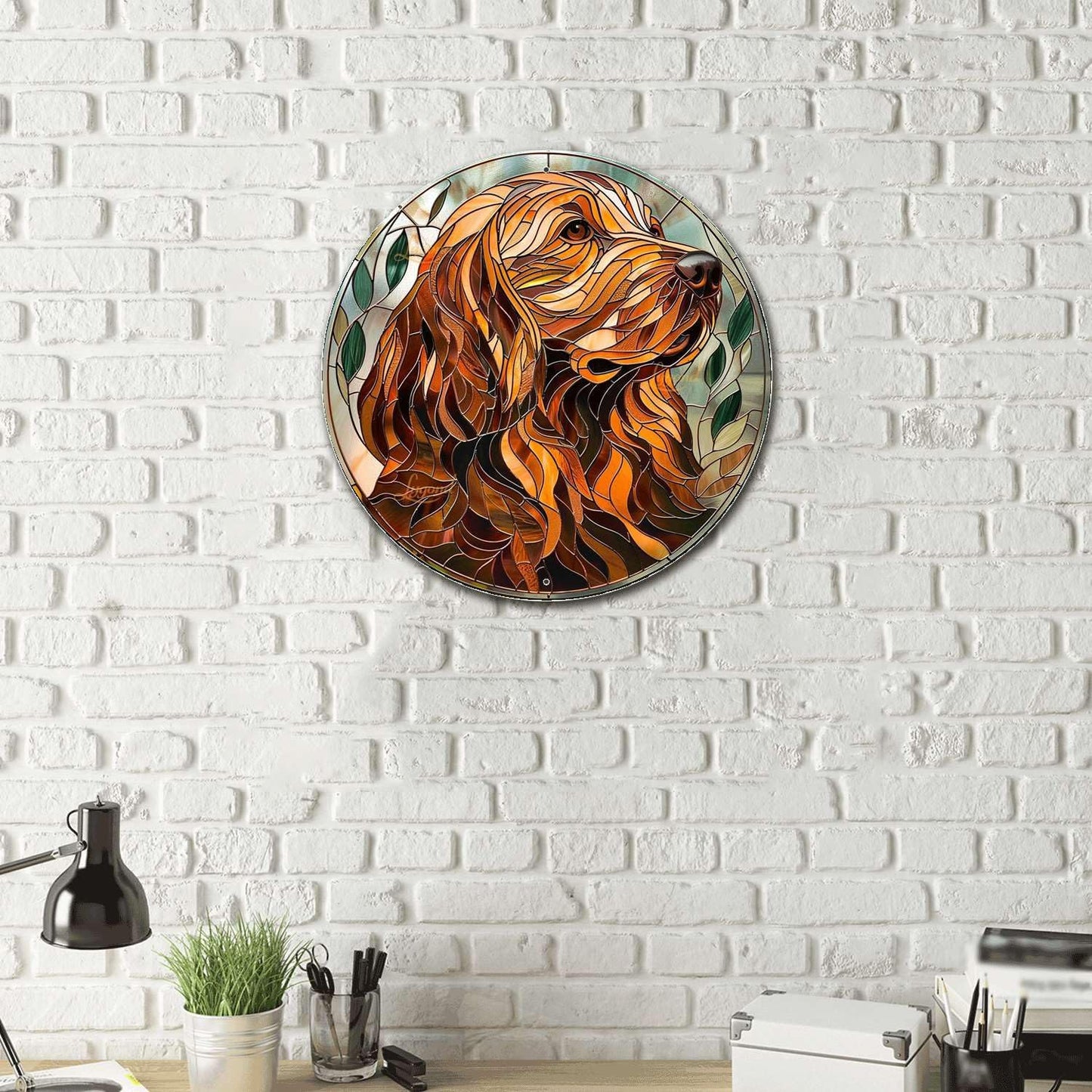 Lygond Metal Sign Tin Sign Circular Stained Glass Dog Outhouse Wall Decor For Pet 8×8 Inches