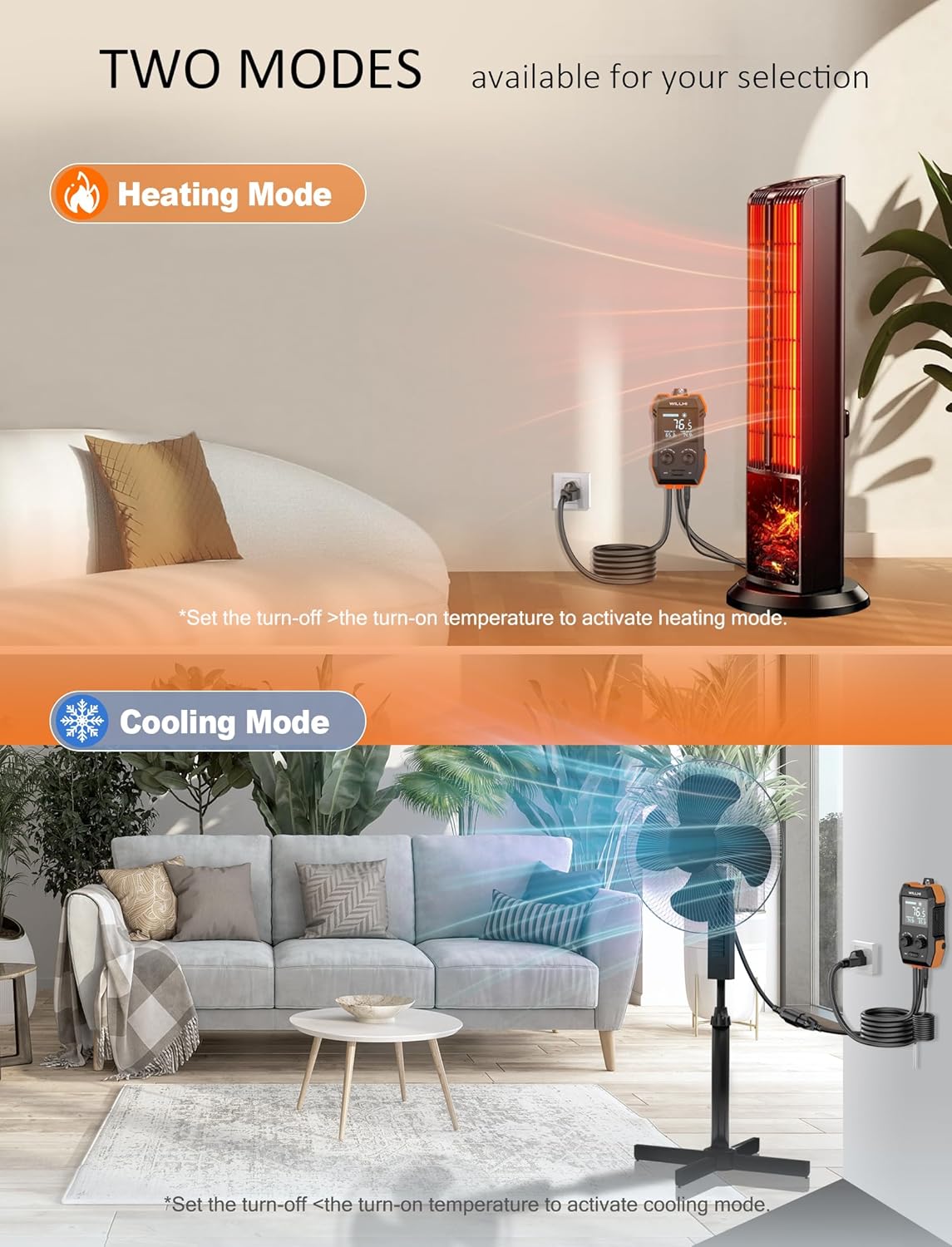 WH2408 Temperature Controller 10A 1200W, Digital Thermostat Controlled Outlet Plug Switch for Reptile Terrarium Greenhouse Homebrew Aquarium Seedling Mat, Heating or Cooling Mode (Pack of 2)