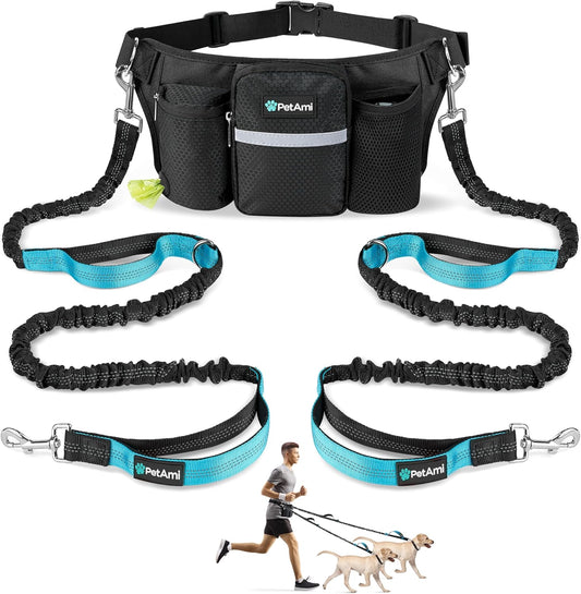 PetAmi Premium Hands Free Dog Leash for 2 Dogs, Adjustable Waist Belt Leash for Dog Walking, Fanny Pack Accessories Bag Dual Bungee Leash for Running, Hiking, Jogging, Biking, Black