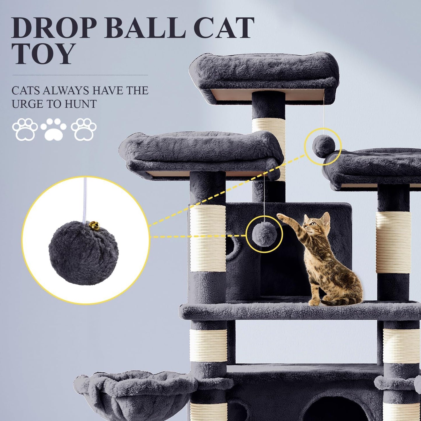 Allewie 68 Inches Cat Tree/House and Towers for Big Feline/Scratching Post/Multi-Level Large Kitty Climbing Tree with Condo/Smokey Grey