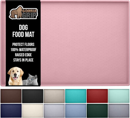 GORILLA GRIP 100% Waterproof Raised Edge BPA Free Silicone Pet Feeding Mat, Dog Cat Food Mats Contain Spills Protects Floors, Placemats for Cats and Dogs Water Bowl, Pets Accessories 28x18 Pink
