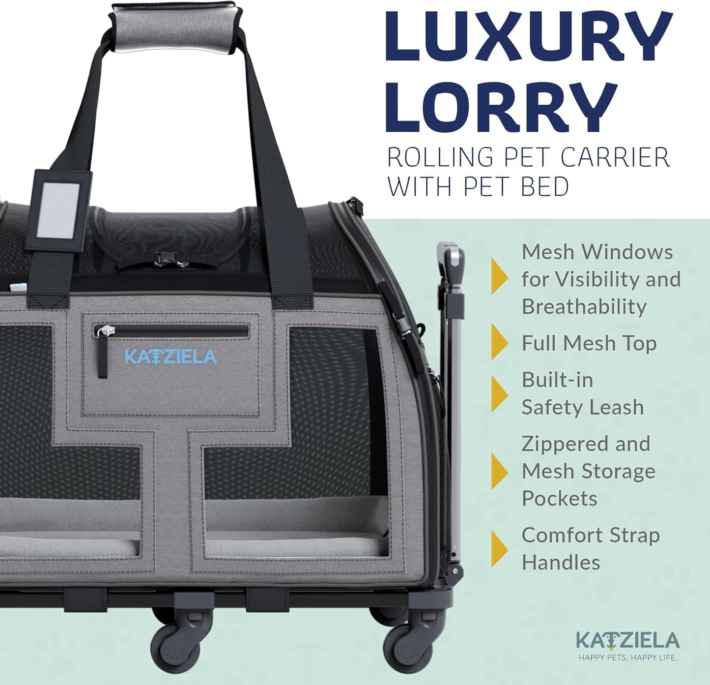 Katziela Airline Approved Pet Carrier - Rolling Portable Travel Carry Crate for Small Dog, Puppy or Cat - Soft Removable Wheeled Design with Mesh Window Sides - Airplane and TSA Compliant (Dark Grey)