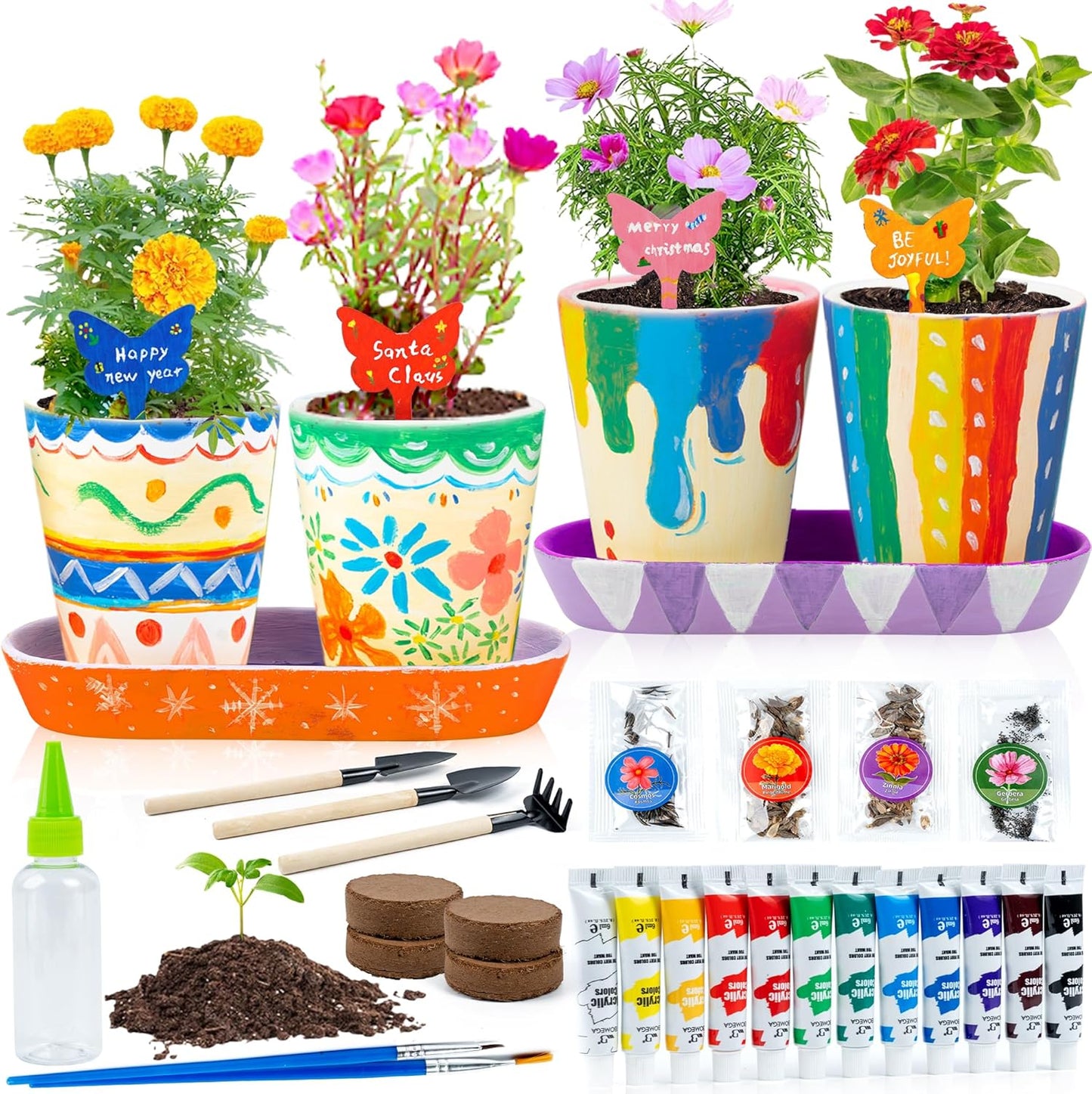 RGBDOT Kids Gardening Set Paint and Plant Stoneware Flower Gardening Kit with 4 Pots Arts and Crafts for Kids Ages 8-12 Best Children’s Day Gift for Girls Boys Ages 5 6 7 8 9 10