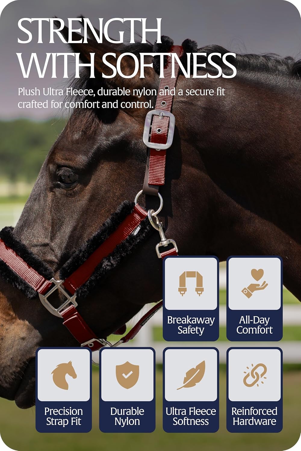 Equinavia Valkyrie Soft Ultra Fleece Padded Adjustable Breakaway Horse Halter - Wine Red/Black - Horse