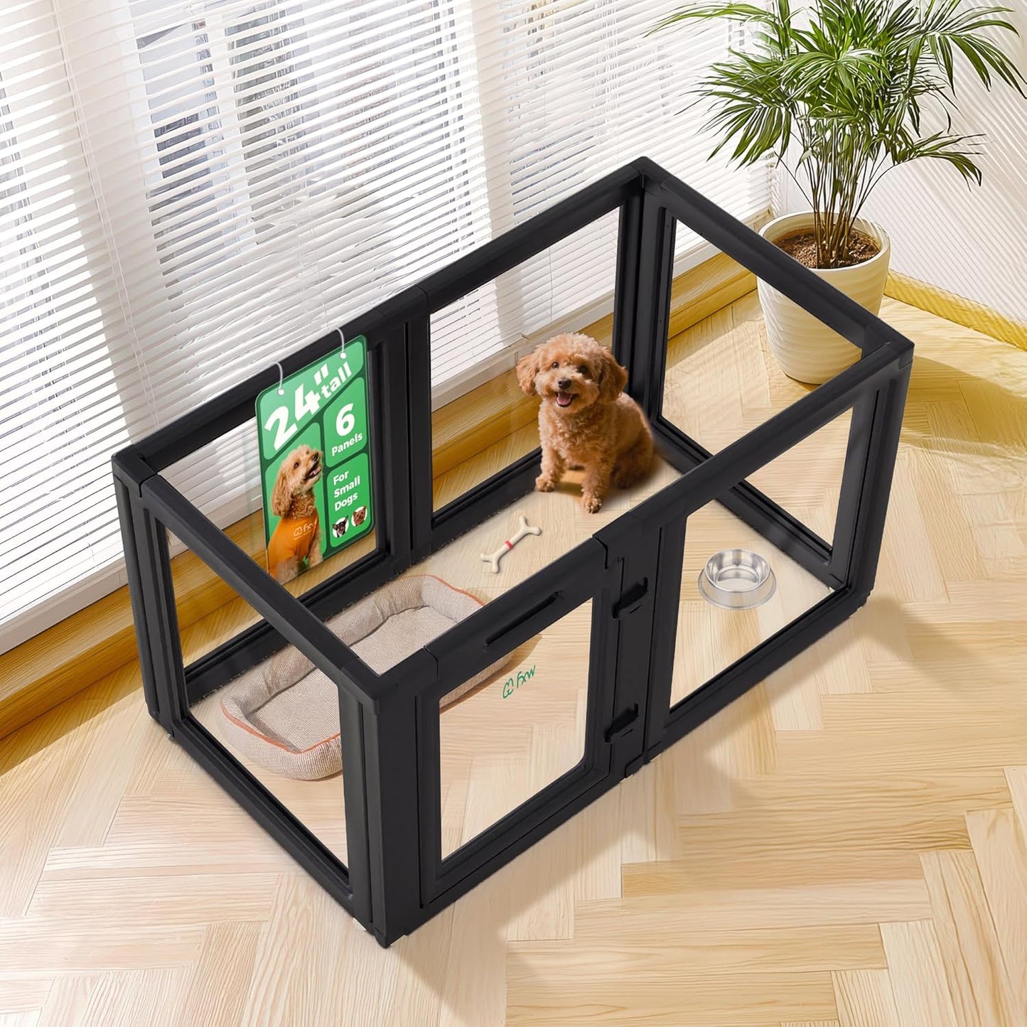FXW AuraSpace Acrylic Indoor Unleashed Dog Playpen for Puppies and Small Dogs, 24 Inch, 6 Panels, Black