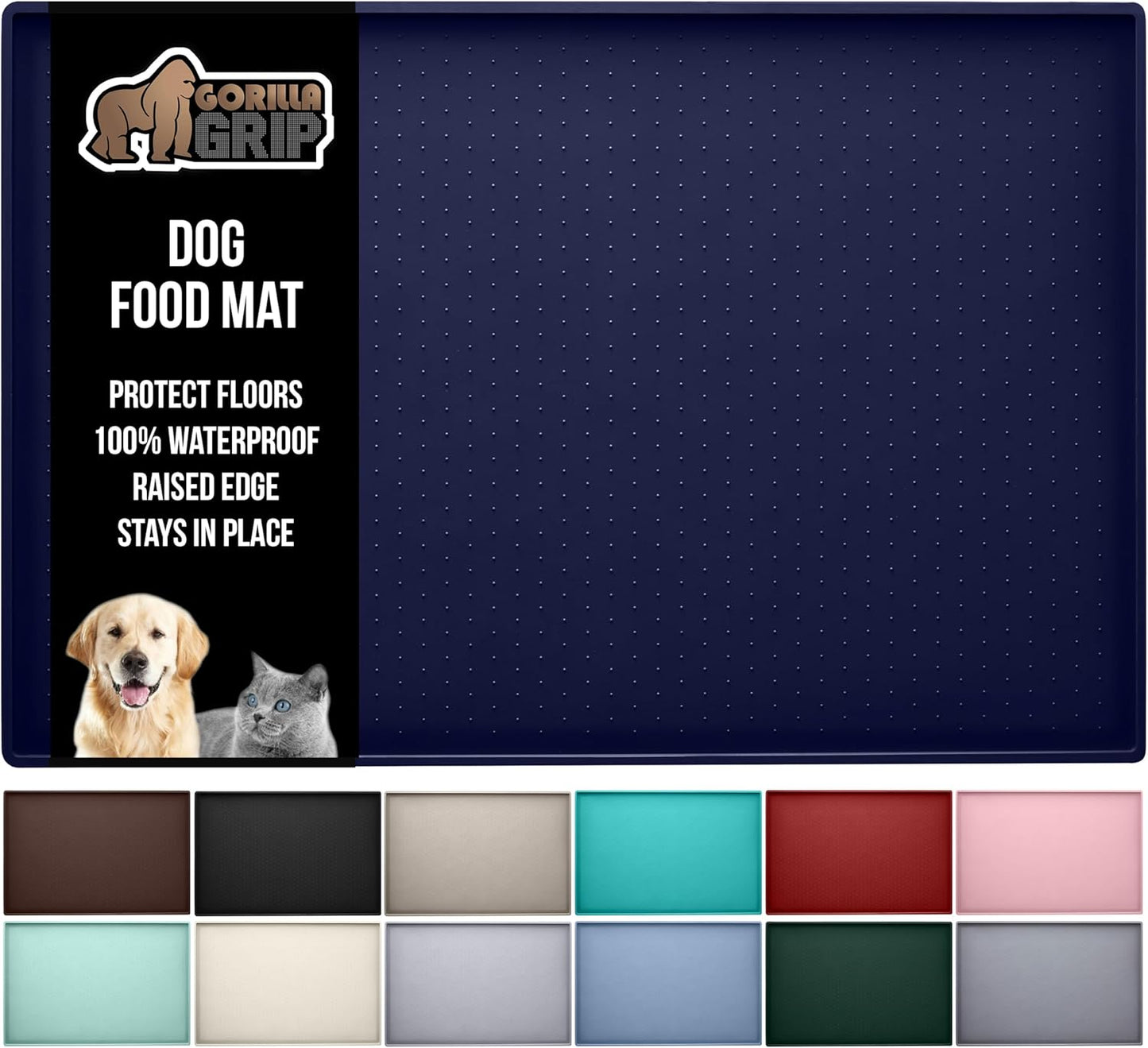 GORILLA GRIP 100% Waterproof Raised Edge BPA Free Silicone Pet Feeding Mat, Dog Cat Food Mats Contain Spills Protects Floors, Placemats for Cats and Dogs Water Bowl, Pets Accessories 28x18 Navy