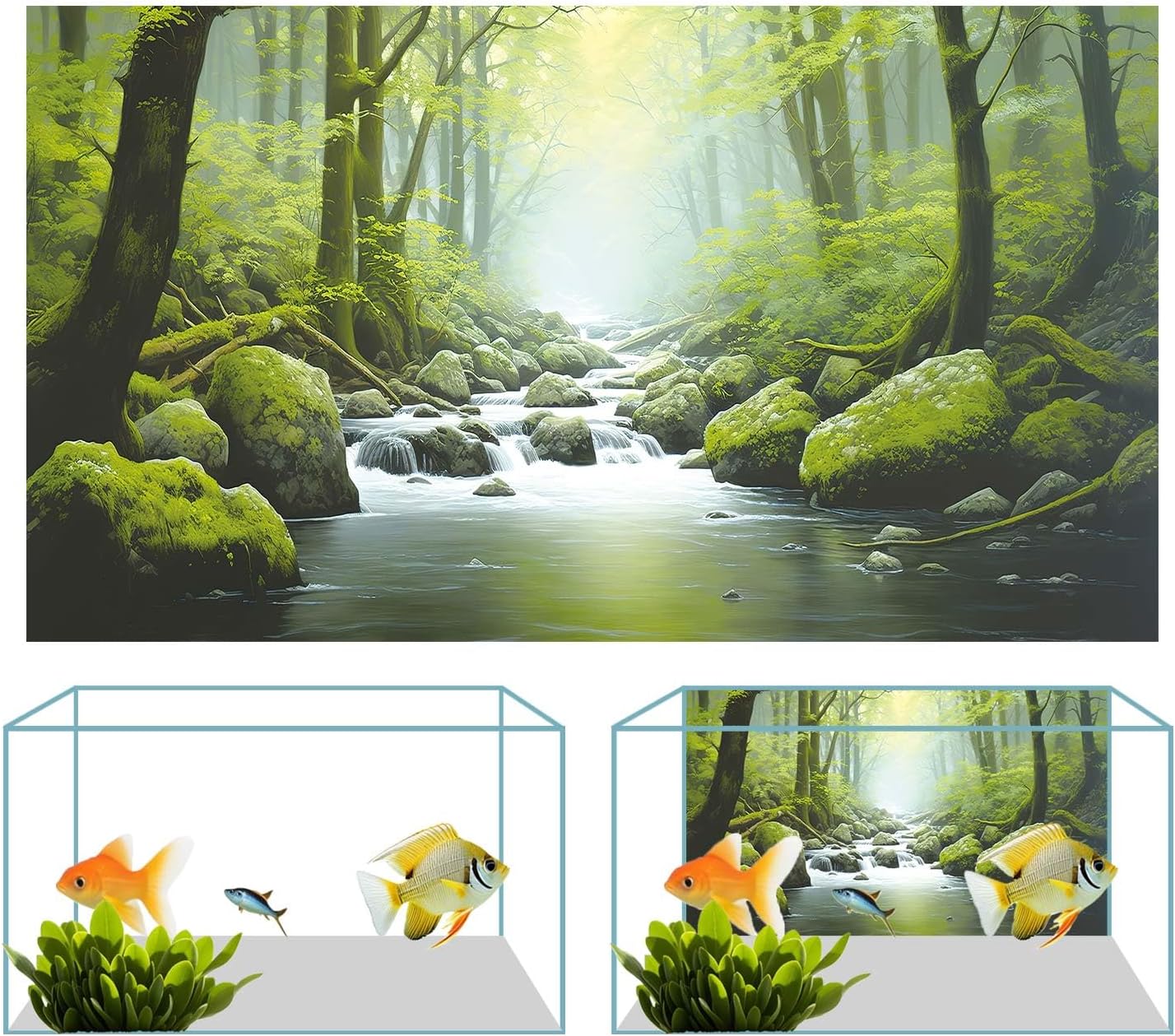 24X16IN Tropical Forest Terrarium Background, Natural Green Forest Tree Reptile Habitat Background, Misty Rainforest Aquarium Background, with 8 EVA Double-Sided Tape
