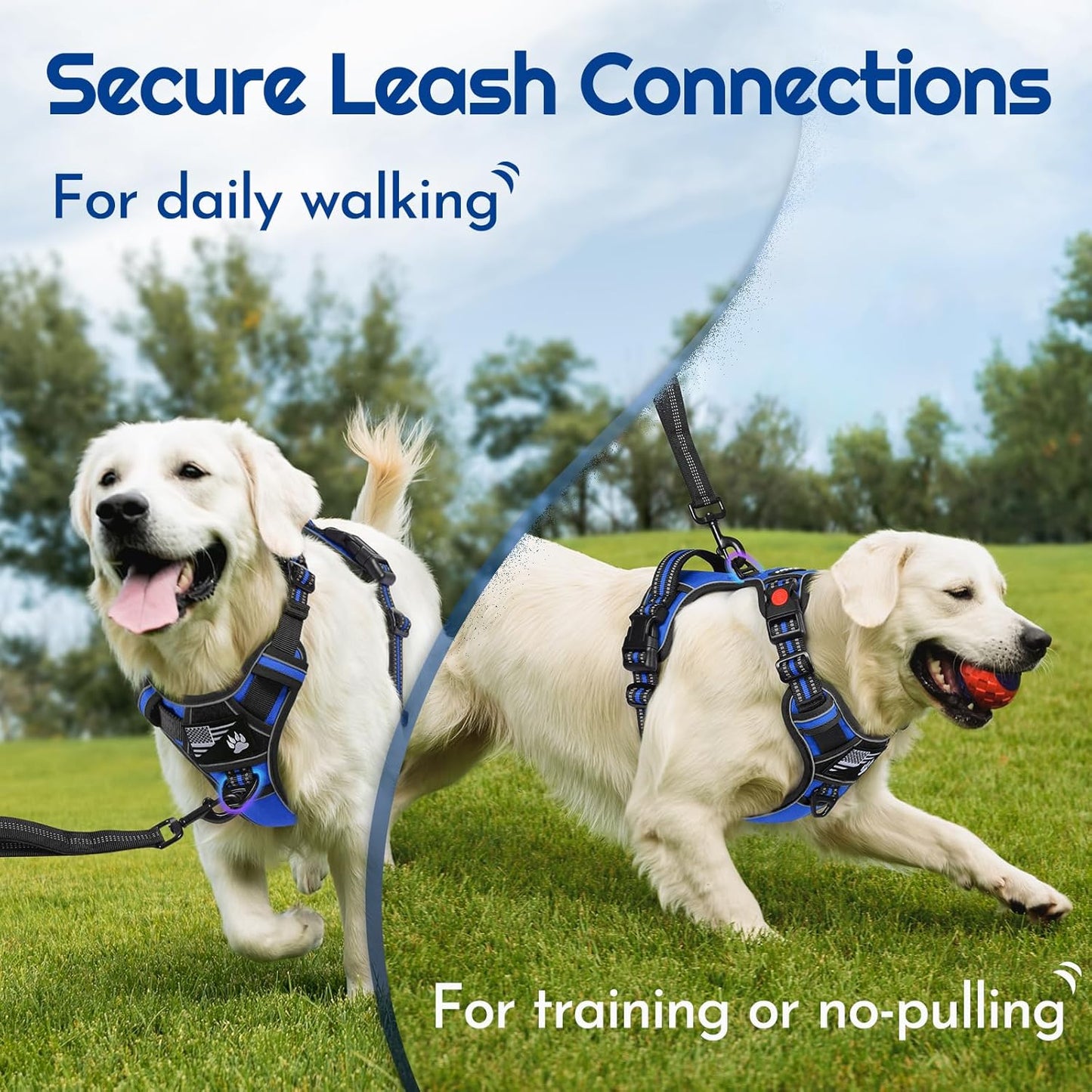 Eagloo Dog Harness Medium Sized, Easy Wearing with 3 Buckles, Adjustable No Pull Pet Harness with 2 Rings for Walking, No Chock Reflective Soft Padded Vest with Control Handle, Blue & Black, M