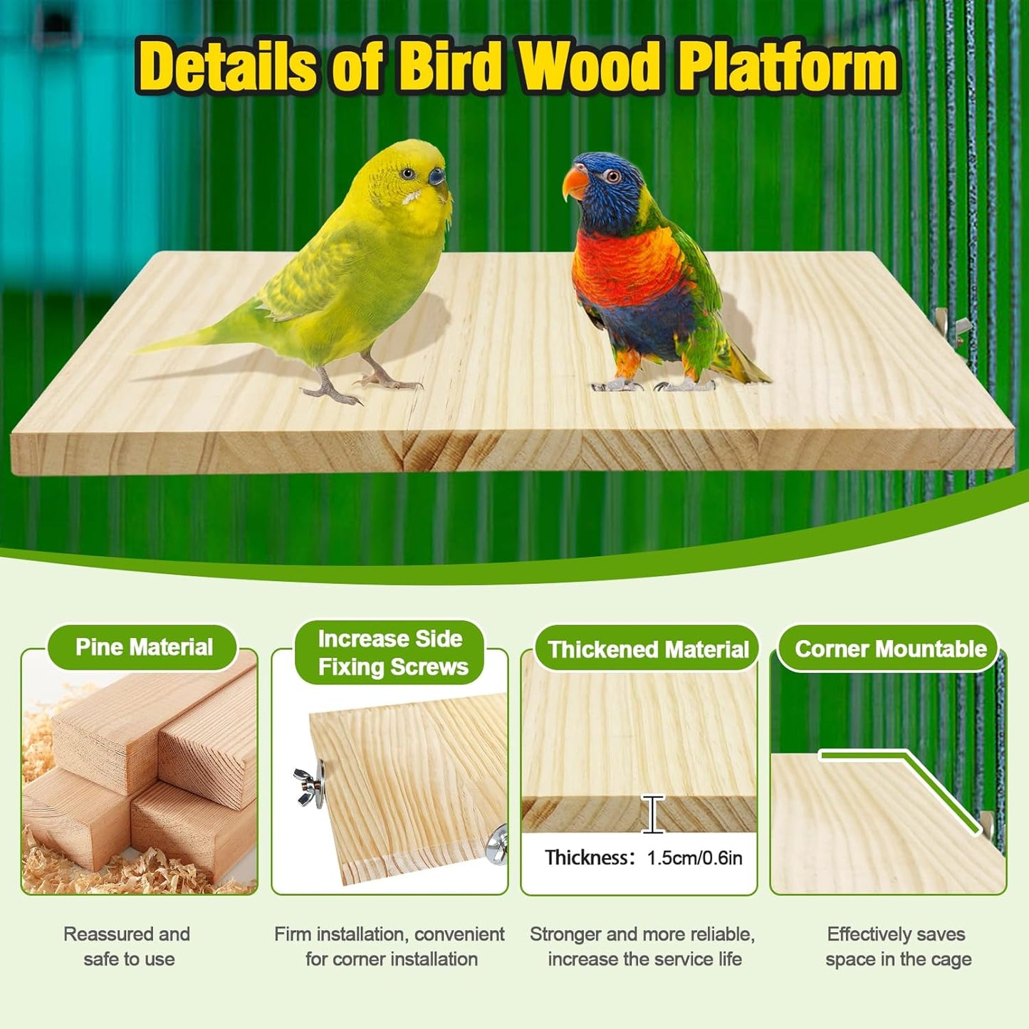 Arfubye13.8x7.9 inches Large Parakeet Stand Platform Wooden Bird Perch Stand Parrot Cage Accessories Rectangle Corner Stand Perch Shelf for Budgie Cockatiel Conure Macaw African Grey Chinchilla