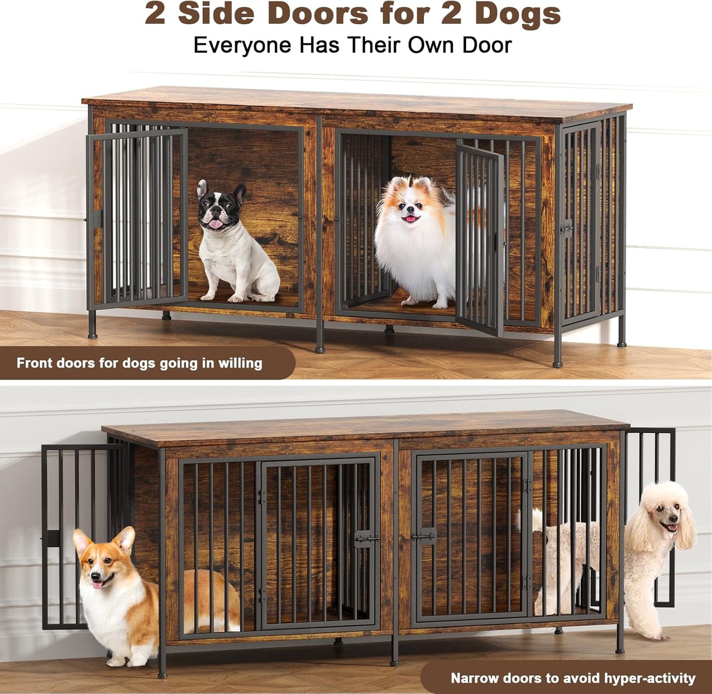 EasyCom 63" Dog Cage Furniture for 2 Pets with Divider, XL Wooden Double Dog Crate Furniture TV Stand for Mideum Breed, Durable and Sturdy