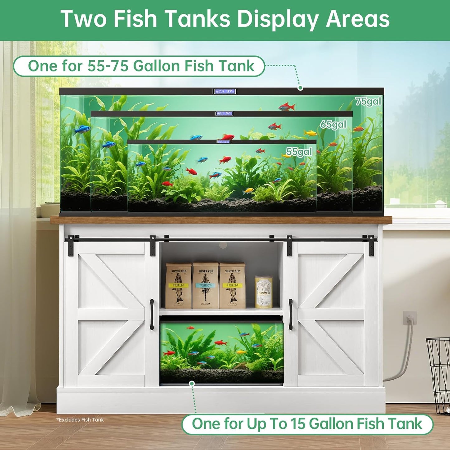 Fish Tank Stand Up to 75 Gallon, Aquarium Stand with Sliding Barn Doors & Power Outlet, White Farmhouse Style Stand with Cabinet Storage for Fish Tank, Turtle Tank, Reptile Terrarium,1000LBS Capacity