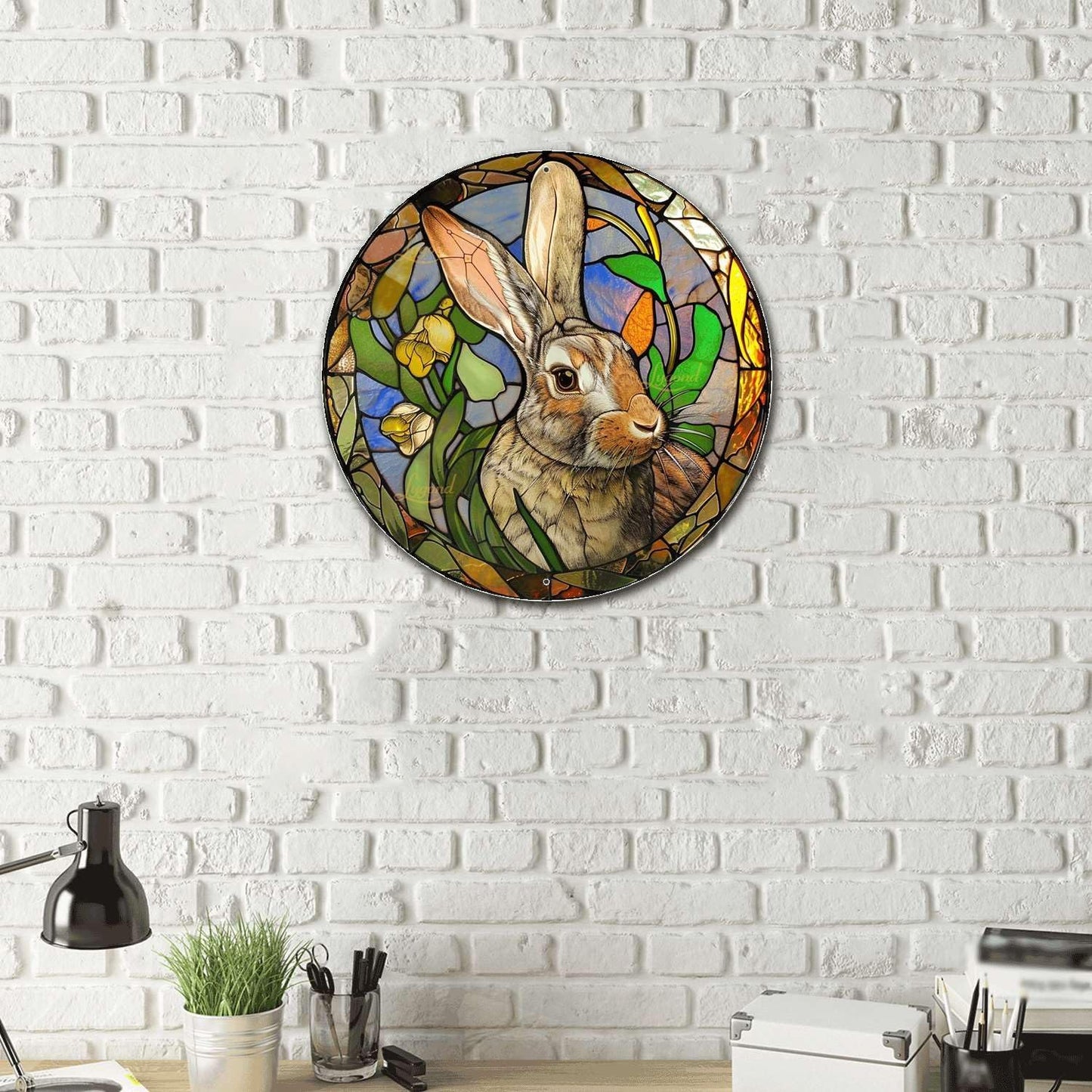 Lygond Metal Sign Tin Sign Circular Stained Glass Rabbit Metal Garden Sign for Pet 12×12 Inches