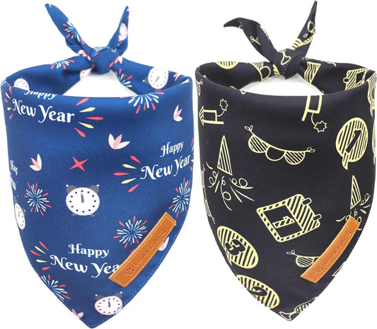 Realeaf Happy New Year Dog Bandanas 2 Pack, Reversible Holiday Pet Scarf for Boy and Girl, Premium Durable Fabric, Bandana for Small Medium Large and Extra Large Dogs (Small)