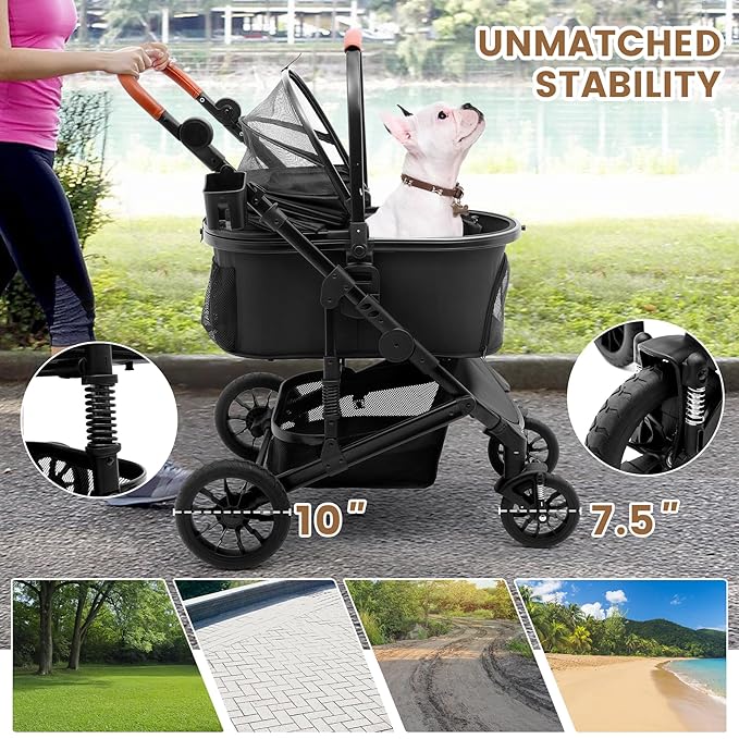 Pet Stroller with 4 Wheels, Foldable Pet Travel Carrier for Small/Medium Dogs Cats up to 50lbs, Detachble Portable Pet Bag, Storage Basket, Car Seat 3 in 1 Multifunctional (Black)