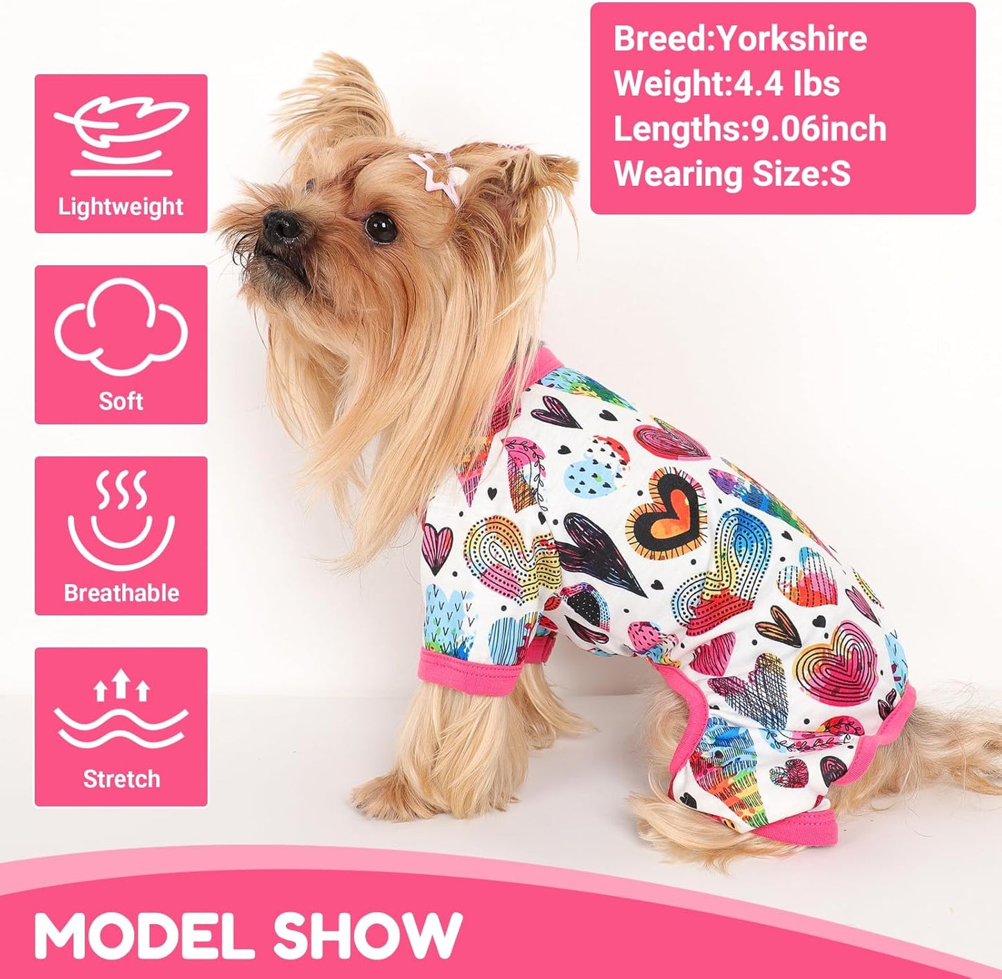 Dog Pajamas Small Sized Dogs Stretchable Summer Dog Clothes Pjs 4 Legs Girl Boy Cute Soft Puppy Outfits Doggie Cat Jammies Jumpsuit Sleeper for Pet (Love Heart, Large)