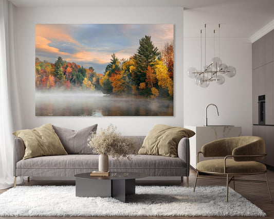 Nature Wall Art Prints - Ocean Forest Mountain Lake Canvas Landscapes - Small to Extra Large Living Room Bedroom Kitchen Bathroom Décor (Misty Fall Reflection, 35L" x 53W")