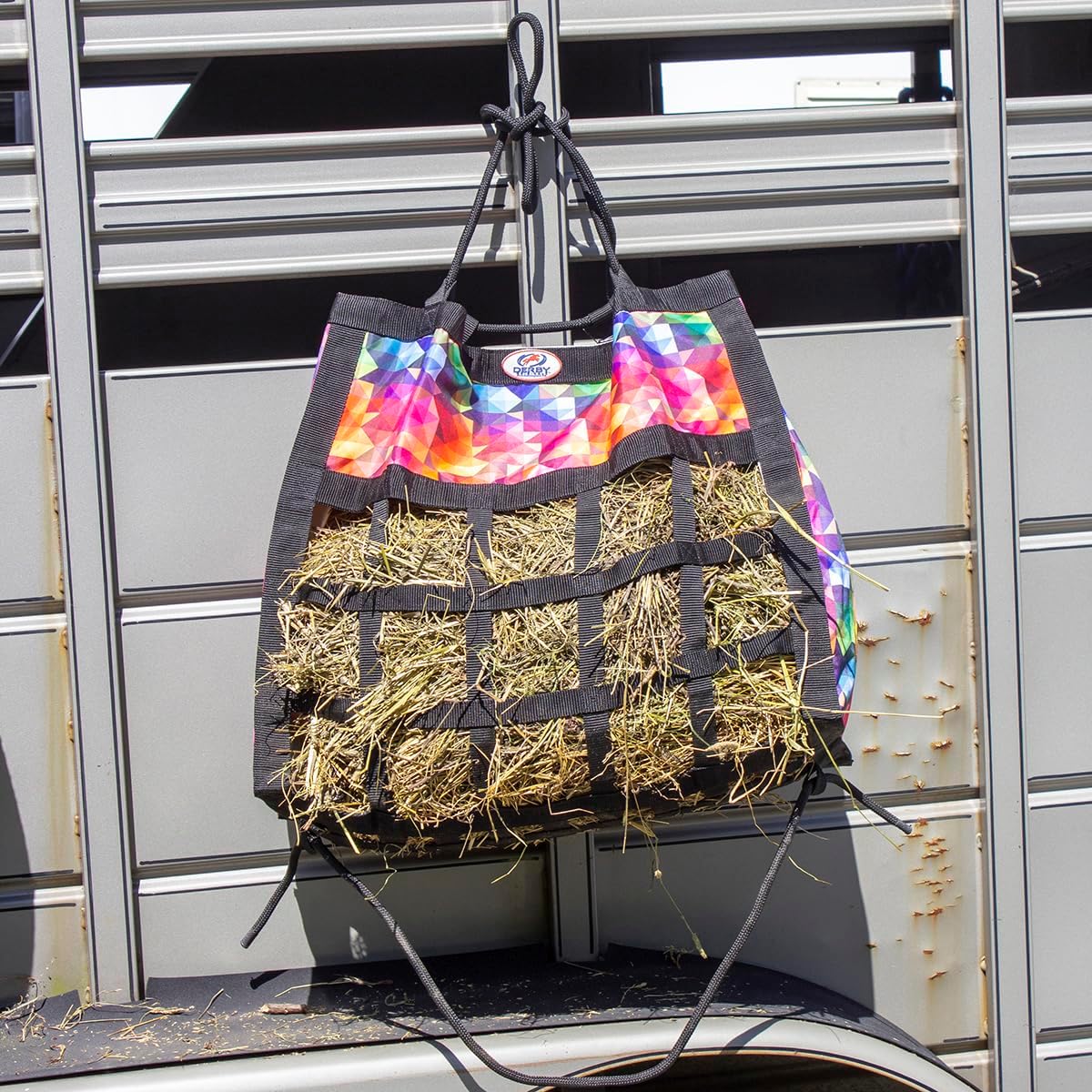 Derby Originals Scratchless Slow Feeder Horse Hay Bag with Super Tough Bottom and 6 Month Warranty (Black with Turquoise Trim)