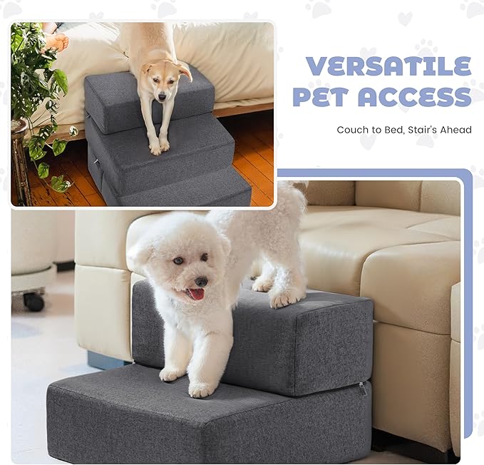Foldable 18 Inch Wide Dog Stairs for Small Dogs, 12 Inch Height Foam Dog Steps for Bed & Couch, Linen Covered Pet Stairs for Dogs to Get on Bed, Indoor Foam Pet 2 Steps for for Cat and Puppy