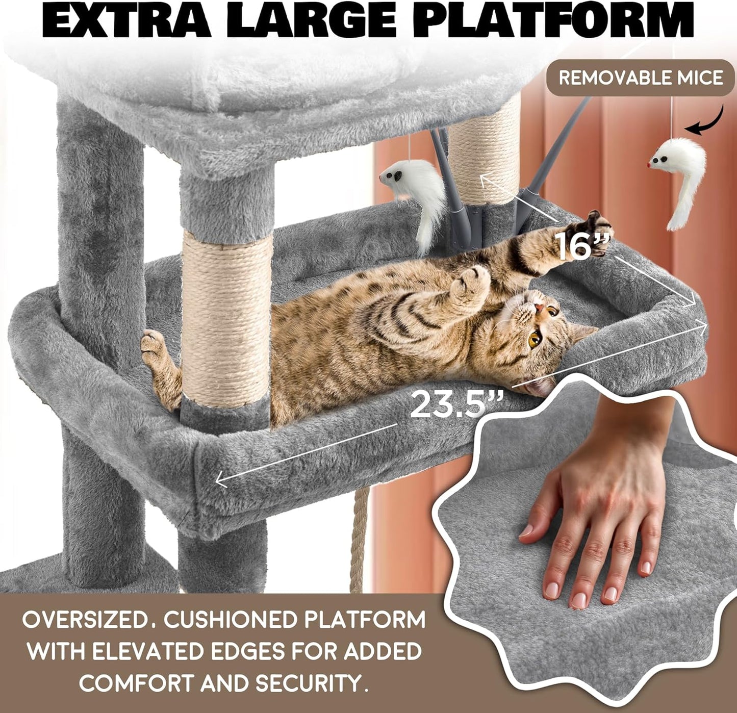 Large Cat Tree Tower for Large Cats, Cat Scratching Post, Self Grooming Post, Interactive Cat Toys, Oversized Perch and Basket, Heavy Duty 72", Light Grey