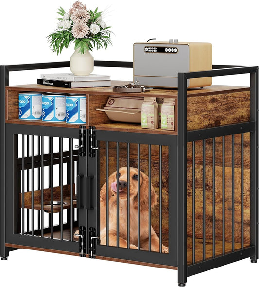 Large Dog Crate Furniture, 41 Inch Wooden Dog Crate, Heavy Duty Dogs Kennel with 2 Drawers Storage, 360° Adjustable Raised Feeder, Indoor Dogs House End Table