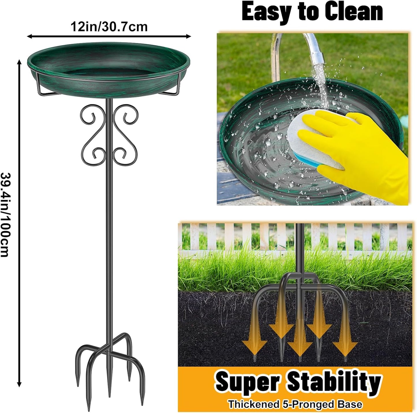 Metal Bird Bath for Outside,Bird Baths Feeder Bowl with 5 Prongs Base Stake,Freestanding BirdBaths for Outdoors Garden Patio Yard Lawn Decor (Vintage Green)