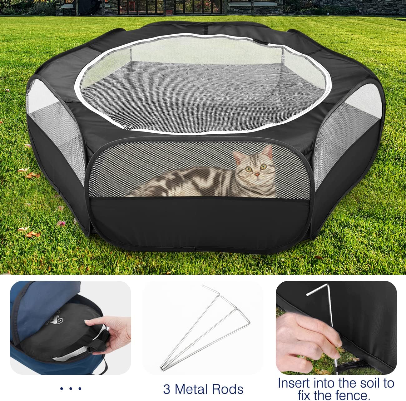Pawaboo Small Animals Playpen, Waterproof Small Pet Cage Tent with Zippered Cover, Portable Outdoor Yard Fence with 3 Metal Rod for Kitten/Puppy/Guinea Pig/Rabbits/Hamster/Chinchillas, Black