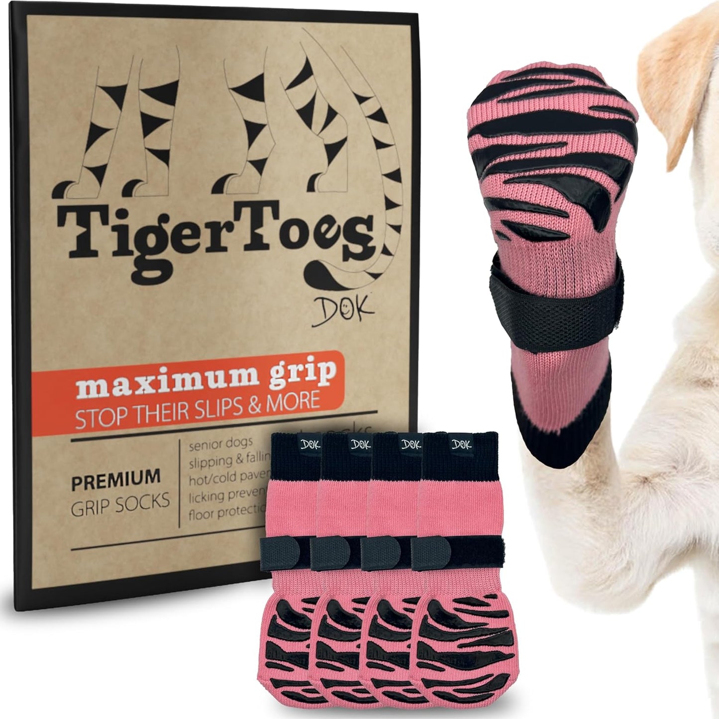 DOK TigerToes Premium Non-Slip Dog Socks for Hardwood Floors - Extra-Thick Grip That Works Even When Twisted - Prevents Licking, Slipping, and Great for Dog Paw Protection (XXL, Sassy Pink)