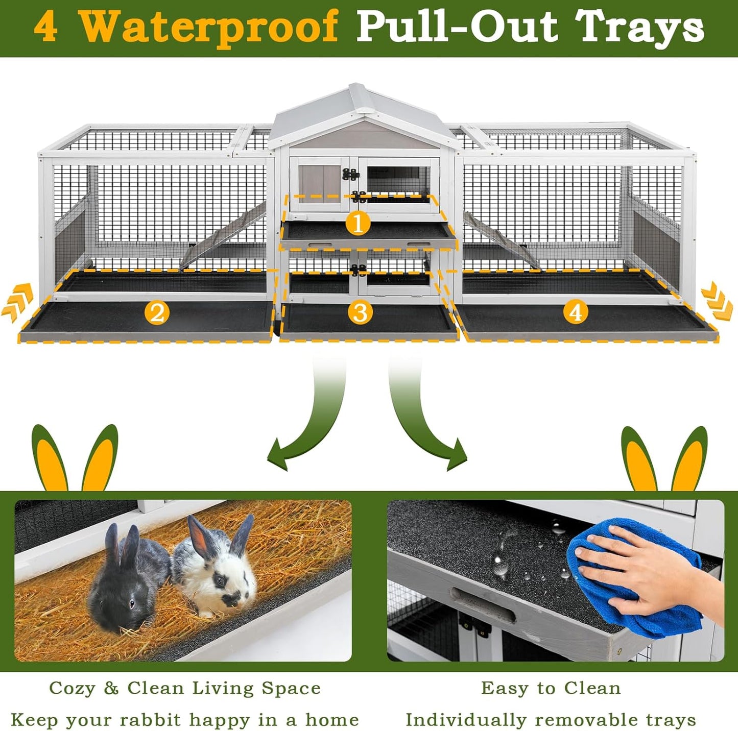 Double Rabbit Hutch Outdoor Indoor Large Bunny Cage with Dual Side Runs, 2-Story Wooden Hutch with 4 Leak Proof Trays, 8 Wheels, Waterproof Roof, Ramp, for Small to Medium Animals