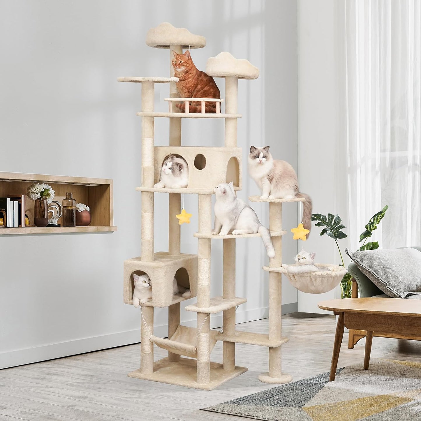 85inch Heavy Duty Cat Tree for Indoor Cats Large Adult, Tall Giant Cat Tower with Scratching Post, Large Perches, Cozy Cat Condos & Hanging Hammocks, Beige