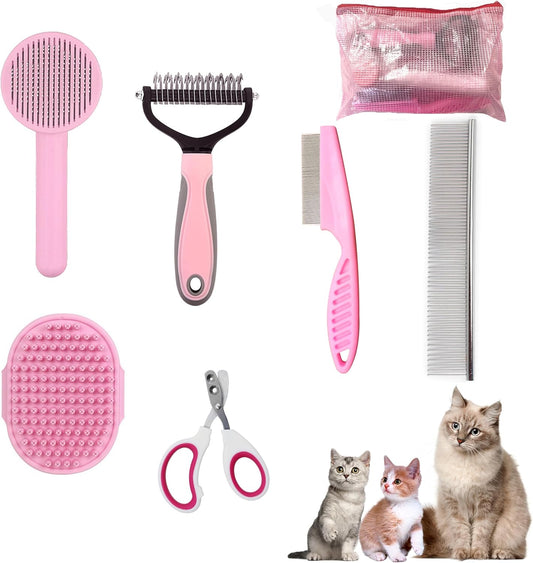 Cat Grooming Brush Kit 6 Tools - Deshedding & Dematting for Long/Short Hair, Self-Cleaning Slicker Brush with 6-in-1 Flea Comb for Cats & Kittens (Pink)
