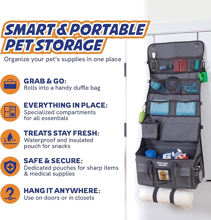 Panther Armor Dog Travel Bag- Hanging Dog Organizer & Pet Storage Tote Bag for Supplies,mWaterproof Door Storage & Closet Organizer, Food & Treat Container for Travel Accessories