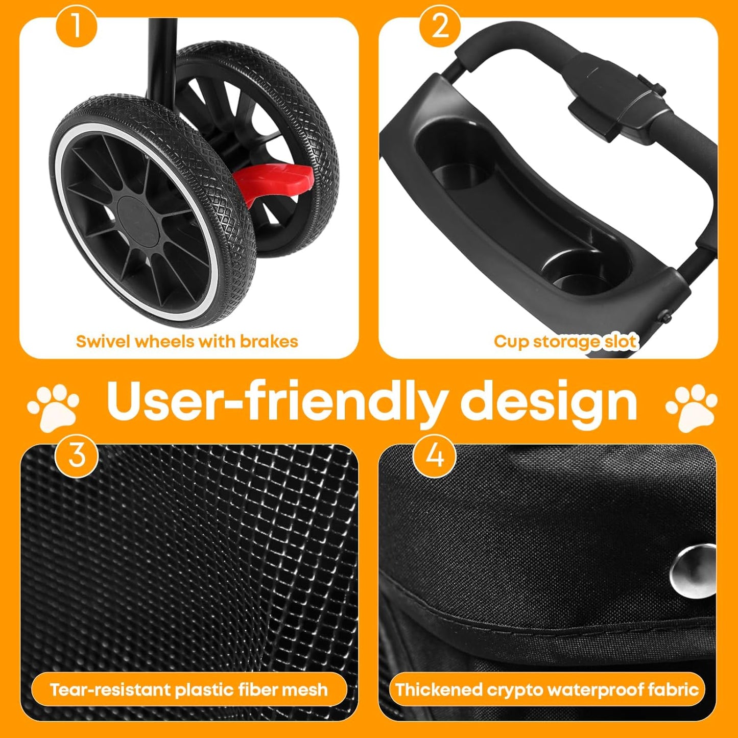 Pet Stroller,Dog Stroller for Small Medium Dogs Cats,3 Wheels,Foldable,with Breathable Mesh Canopy,Cup Holders,Easy Assembly,Black