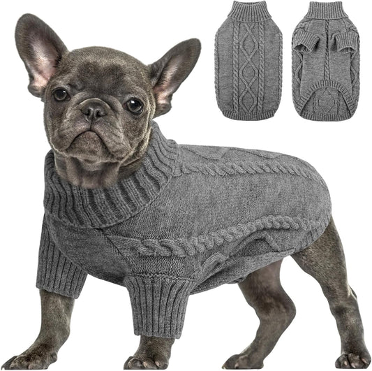 Queenmore Small Dog Pullover Sweater, Cold Weather Cable Knitwear, Classic Turtleneck Thick Warm Clothes for Chihuahua, Bulldog, Dachshund, Pug (Slate Grey, Large)