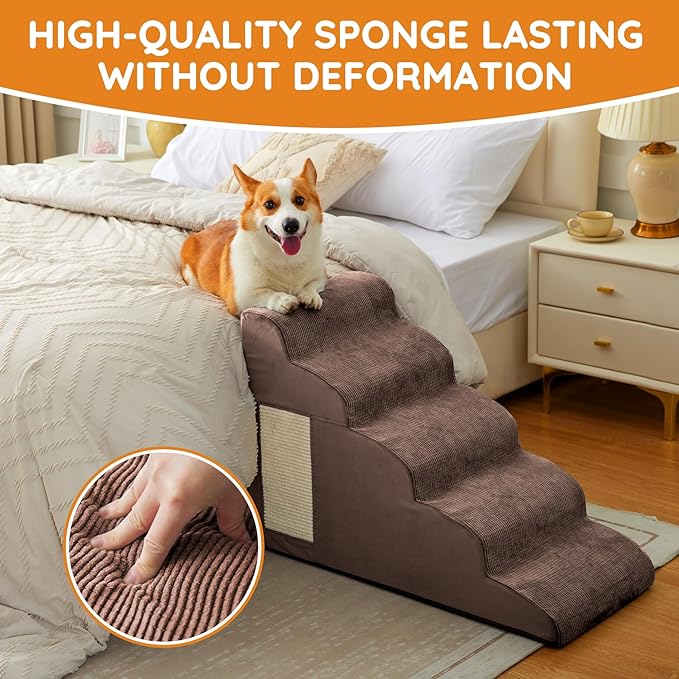 Pet Stairs, Dog Stairs for Small Dogs, Dogs Steps, 5-Step Curved Dog Ramp for Bed, Couch, Sofa, Car and Chair, Non-Slip Bottom Design, Cat Scratching Board, High Density Foam Portable Pet Step, Coffee