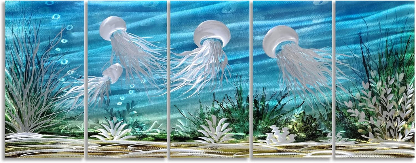 SYGALLERIER Coastal Metal Wall Art Handcrafted 3D Jelly Fish Aluminum Artwork Modern Sea World Pictures Contemporary Abstract Sculpture for Living Room Bedroom Bathroom Decor