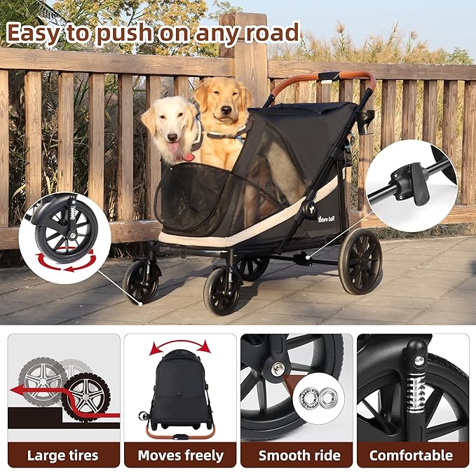 Dog Stroller for Large Dogs One-Click Folding 4 Wheel Foldable Dog Stroller for 2 Dogs with Storage Pocket Suitable for Pets Up to 110LBS (Black, Large)
